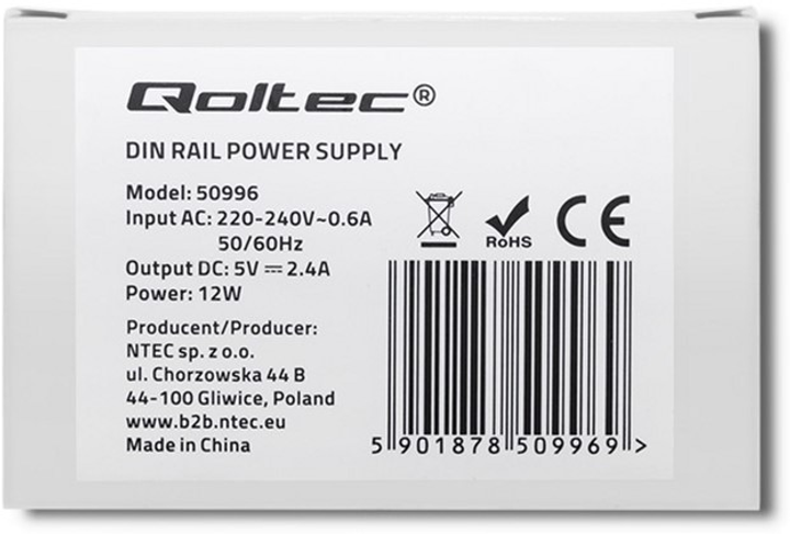 Блок живлення на DIN-рейку Qoltec 12 Вт, 5 В, 2.4A (50996) (5901878509969) - зображення 4