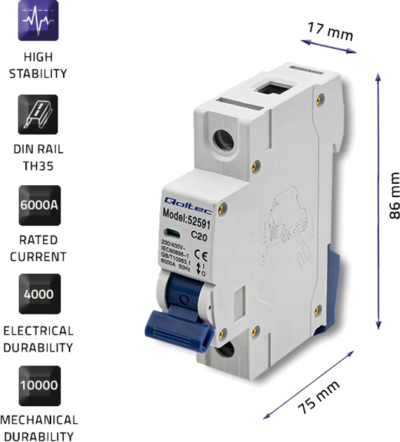 Wyłącznik automatyczny Qoltec C20 Bezpiecznik AC 20 A 1P (5901878525914) - obraz 2