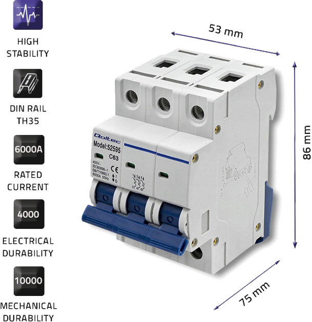 Wyłącznik automatyczny Qoltec C63 Bezpiecznik AC 63 A 3P (5901878525952) - obraz 2