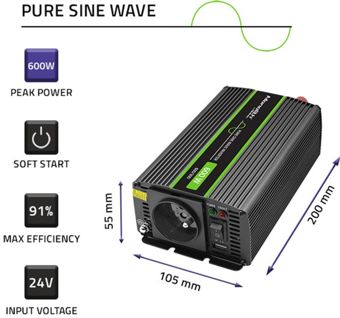 Przetwornica samochodowa Qoltec Monolith 300W/600W 24V na 230V czysty sinus (51936) (5901878519364) - obraz 11