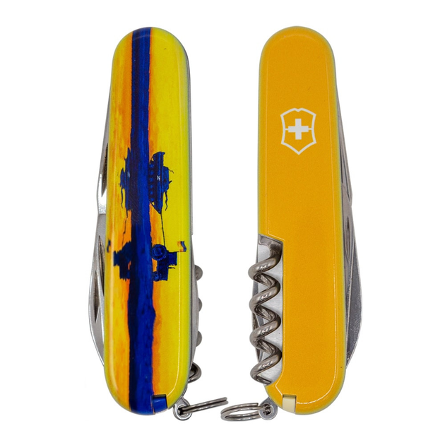 Швейцарський ніж Victorinox HUNTSMAN UKRAINE 91мм/15 функцій, Марка з трактором Жовтий - зображення 1