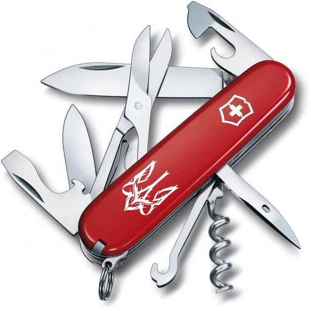 Швейцарский нож Victorinox CLIMBER UKRAINE 91мм/14 функций, красные накладки, Трезубец готический белый - изображение 1