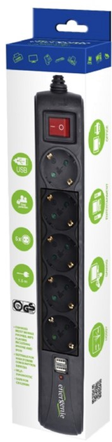 Listwa zasilająca Energenie 5 gniazda 1.5 m USB 2A Black (8716309089777) - obraz 3