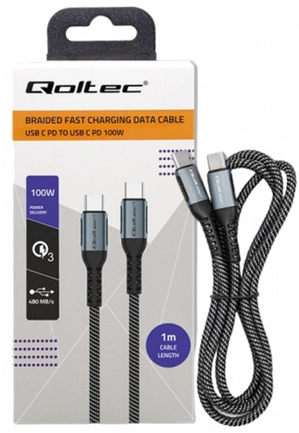 Кабель Qoltec USB Type-C 2.0 - USB Type-C 2.0 100 W 1 м Black (5901878523576) - зображення 1