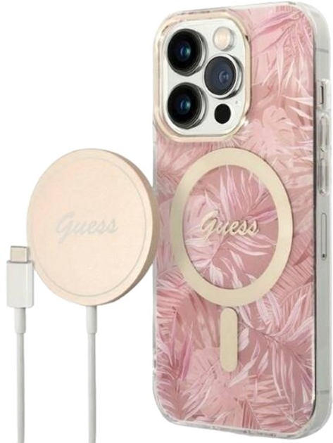 Etui + Ładowarka Guess Jungle MagSafe do Apple iPhone 14 Pro Pink (3666339103347) - obraz 1