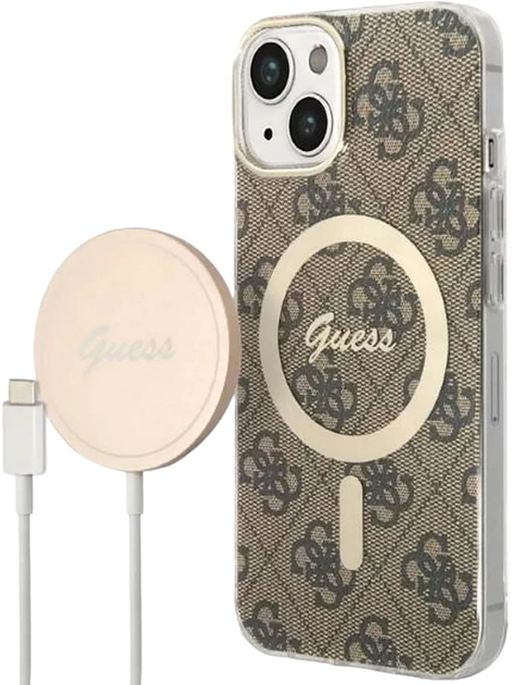 Etui + Ładowarka Guess 4G Print MagSafe do Apple iPhone 14 Brown (3666339102890) - obraz 1