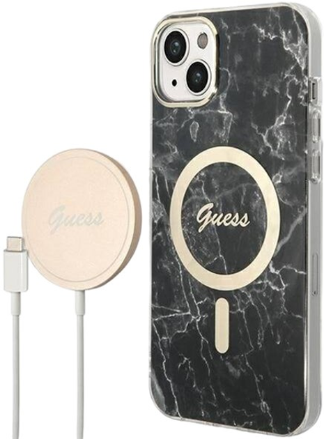 Панель + Зарядний пристрій Guess Marble MagSafe для Apple iPhone 14 Black (3666339103118) - зображення 1