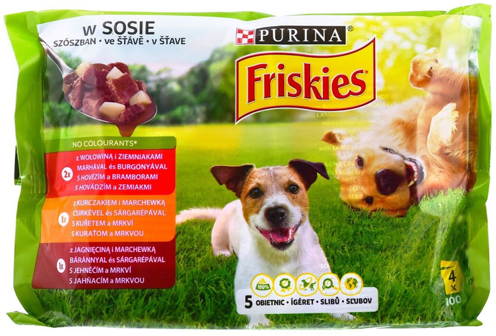 Вологий корм для дорослих собак Purina Friskies Adult з м'ясом та овочами 4 х 100 г (7613035343580) - зображення 1