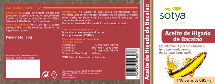 Suplement diety Sotya Higado Bacalao 685 mg 110 pereł (8427483018018) - obraz 2