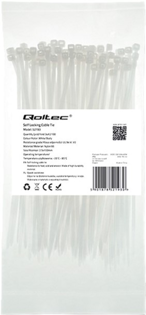 Кабельні стяжки Qoltec Nylon UV 2.5 x 150 мм 100 шт White (5901878521930) - зображення 1