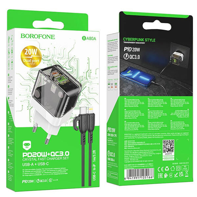 Зарядне мережеве BOROFONE BA80A USB/ Type-C PD QC + кабель Type-C to ...