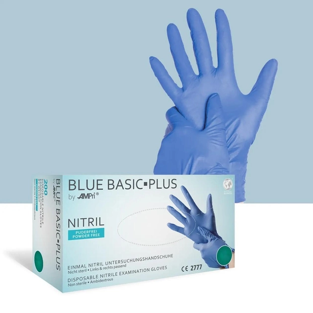 Рукавички нітрилові AMPri Blue Basic-Plus (200 шт. / 100 пар), сині, XL - зображення 1