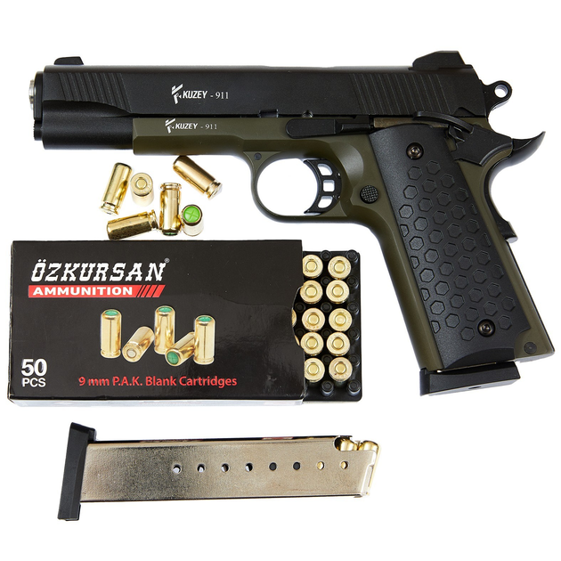 Стартовий сигнальний пістолет Kuzey 911 Green Grips з додатковим магазином і пачкою патронів Ozkursan (50 шт) - зображення 1