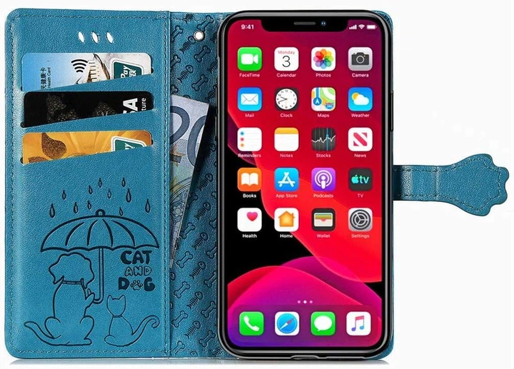 Чохол Embossed Cat and Dog для Iphone 11 Pro книжка з візитницею шкіра PU блакитний - Фото 4 Чохол Embossed Cat and Dog для Iphone 11 Pro книжка з візитницею шкіра PU блакитний - зображення 4