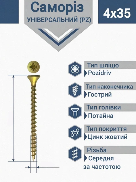 Саморіз 4х35 мм для дерева універсальний жовтий (1000 шт.) - Фото 1 Саморіз 4х35 мм для дерева універсальний жовтий (1000 шт.) - зображення 1
