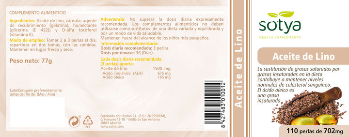 Suplement diety Sotya Aceite De Lino 702 mg 110 perel (8427483010012) - obraz 2