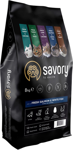 Сухой корм для длинношерстных кошек Savory со свежим лососем и белой ...