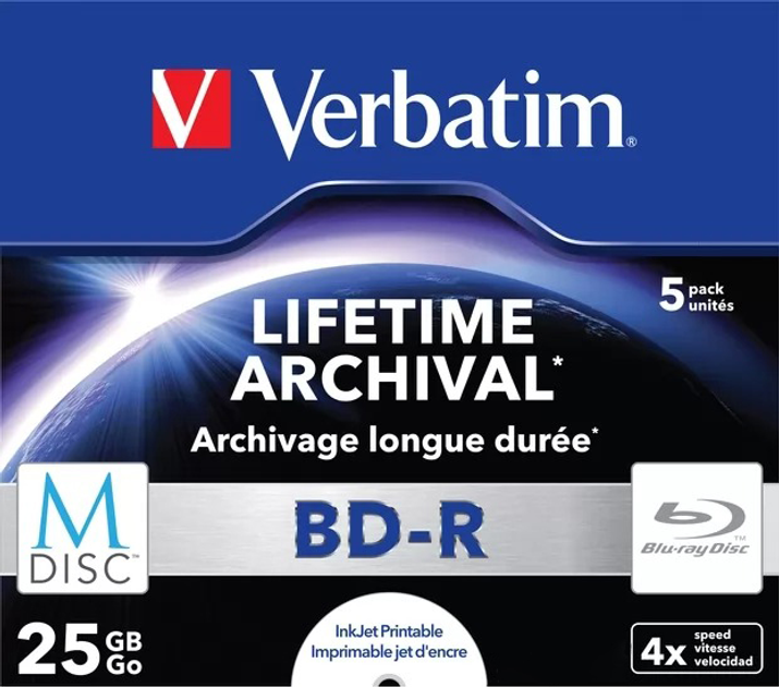 Dyski Verbatim M-Disc BD-R 25 GB 4x Jewel 5 szt Printable (0023942438236) - obraz 1