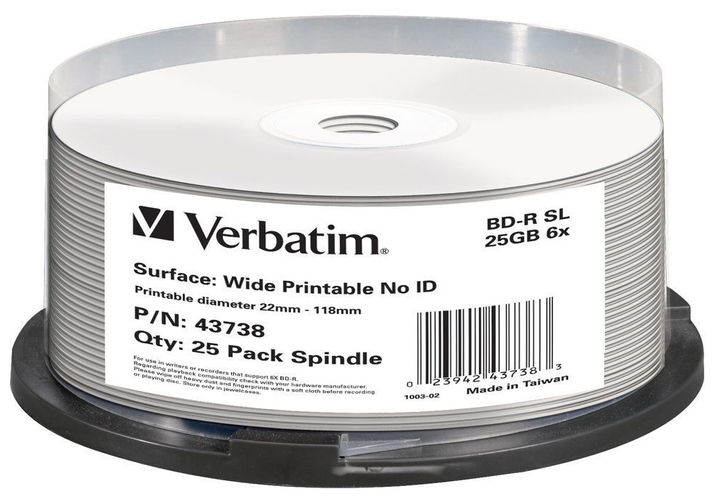 Диски Verbatim BD-R SL 25 GB 6x Cake 25 шт Wide Print (0023942437383) - зображення 1