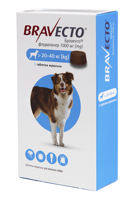 Жувальна таблетка MSD Бравекто 1000мг на вага 20кг - 40кг Bravecto від ...
