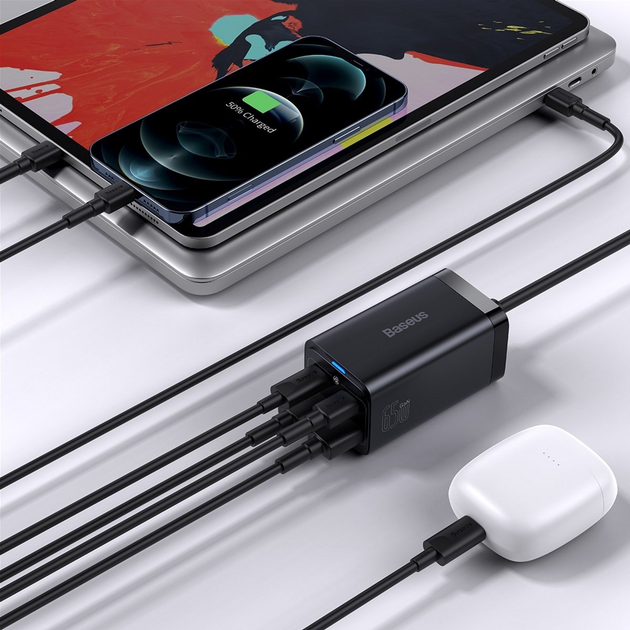 Мережевий зарядний пристрій Baseus GaN3 Pro Desktop Fast Charger + Cable Baseus Type-C to Type-C 65W 20V/5A 1 м Black (CCGP040101) - зображення 6
