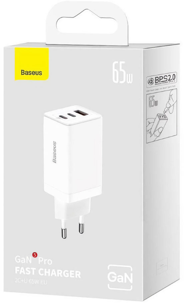Ładowarka sieciowa Baseus GaN5 Pro 65W 2 x Type-C + USB + Cable Type-C to Type-C 100W Biały (CCGP120202) - obraz 6