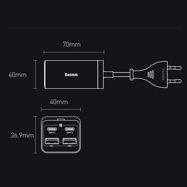 Мережевий зарядний пристрій Baseus GaN3 Pro Desktop Fast Charger + Cable Baseus Type-C to Type-C 65W 20V/5A 1 м Black (CCGP040101) - зображення 12