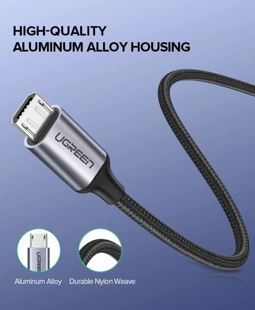 Зарядний кабель Ugreen Micro USB 2.0 5V2.4A 0.25M Black (US290) - Фото 3 Зарядний кабель Ugreen Micro USB 2.0 5V2.4A 0.25M Black (US290) - зображення 3