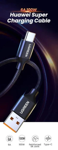 Зарядний кабель Ugreen Type-C 5A 40W Huawei Supercharge 1М Black Nylon (US279) - зображення 11