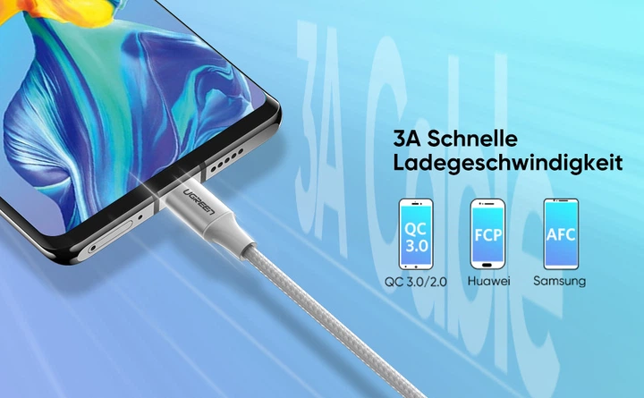 Кабель зарядный Ugreen Type-C 3A с алюминиевым корпусом и нейлоновой оплёткой 3М Silver (US288) - изображение 8