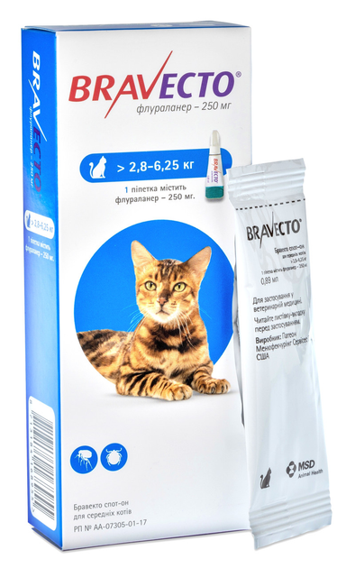 Капли от блох и клещей Бравекто Плюс Bravecto Plus для кошек 2,8 - 6,25 ...