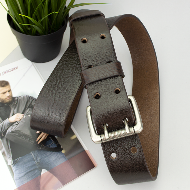 Ремень мужской кожаный JK-4561 brown широкий коричневый двухшпеньковый (120 см) - изображение 4