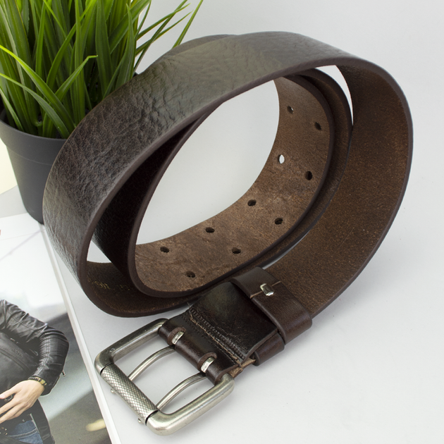 Ремень мужской кожаный JK-4561 brown широкий коричневый двухшпеньковый (120 см) - изображение 8