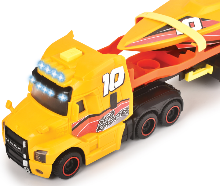 Ciężarówka Mack Dickie Toys "Transport łodzi" z przyczepą, z efektami dźwiękowymi i świetlnymi 41 cm (203747009) - obraz 4