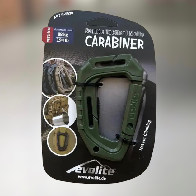 Карабін пластиковий 88 кг, Evolite Tactical Molle Carabiner, зелений, карабін тактичний - зображення 1