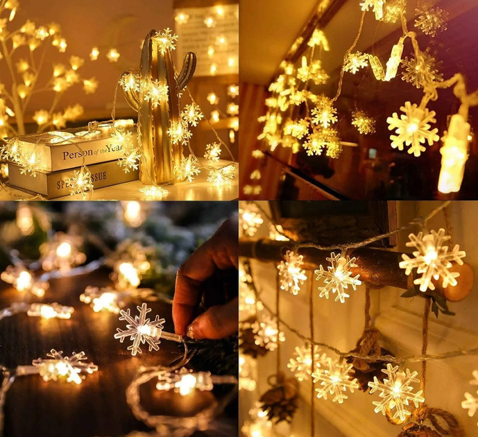 Гірлянда на батарейках Oobest Snowflake Light String Christmas Tree Lamp Сніжинки 20 LED ламп 3 м Теплий білий - зображення 4