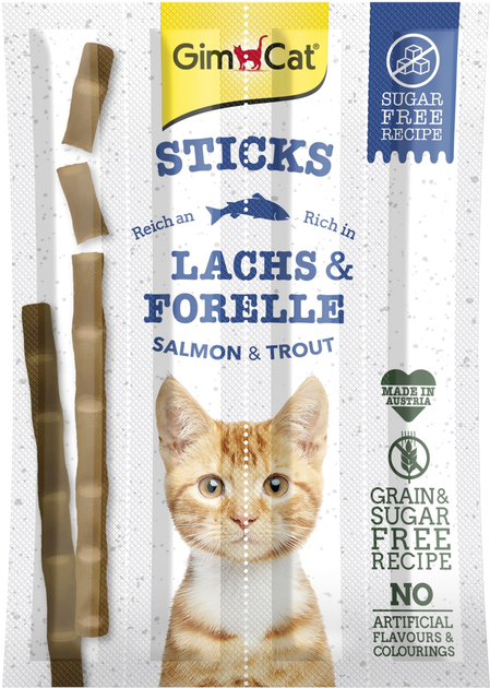 Упаковка лакомство для котов Мясные палочки Gimborn GimCat SUPERFOOD лосось и манго 3 шт 1 упаковка + Мясные палочки Gimborn GimCat лосось и треска grain-free 4 шт 1 упаковка 35 г (2700000031025) - изображение 3