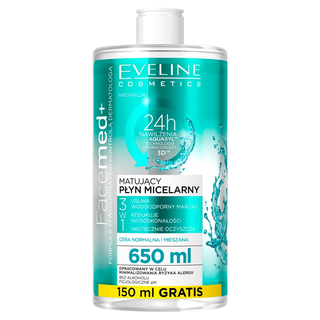 Міцелярна вода Eveline Cosmetics Facemed+ 3in1 матуюча 650 мл (5901761983982) - зображення 1