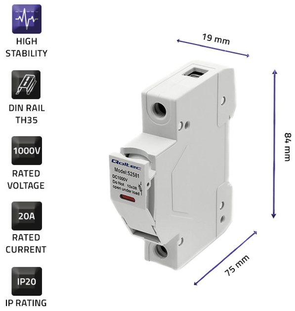 Podstawa bezpiecznikowa Qoltec Solar z diodą i bezpiecznikiem DC 1P 1000V 20A 10x38 (5901878525815) - obraz 9