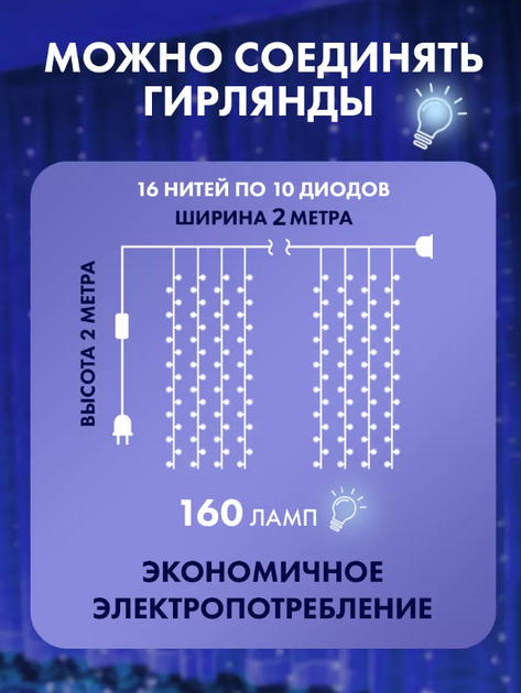 Праздничная светящаяся гирлянда " Штора " на окно или карниз 160LED 2х2м свет диодов Синий - Фото 2 Праздничная светящаяся гирлянда " Штора " на окно или карниз 160LED 2х2м свет диодов Синий - изображение 2