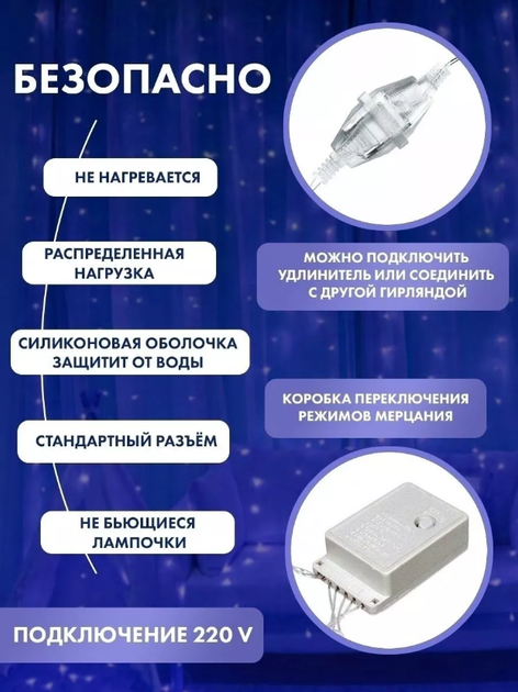 Праздничная светящаяся гирлянда " Штора " на окно или карниз 160LED 2х2м свет диодов Синий - Фото 3 Праздничная светящаяся гирлянда " Штора " на окно или карниз 160LED 2х2м свет диодов Синий - изображение 3