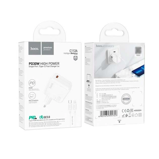 Зарядне мережеве Hoco C112A 1хType-C (PD30W) + кабель Type-C to Lightning Білий - изображение 2