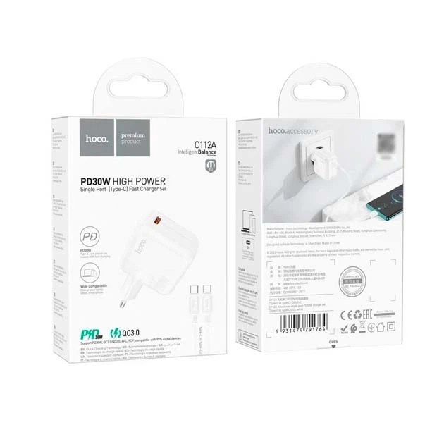 Зарядне мережеве Hoco C112A 1хType-C (PD30W) + кабель Type-C to Type-C Білий - зображення 2