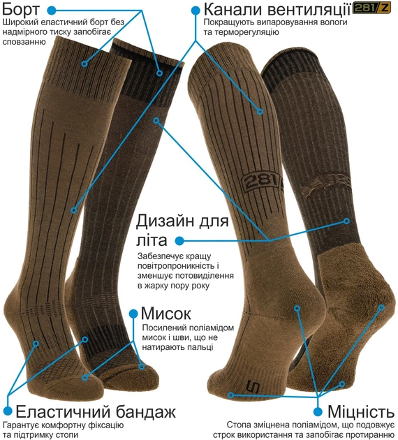 Носки спортивные тактические треккинговые высокие 281z KLS Coyote Brown L - изображение 2