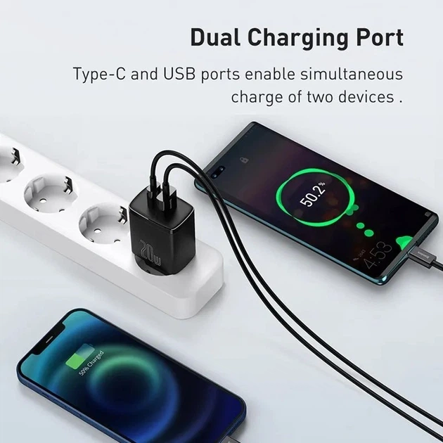 Сетевое зарядное устройство Baseus Dual Quick Charger Type c (PD)+ USB (QC3.0) 20w - изображение 5
