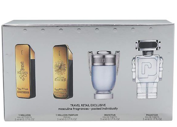 Zestaw miniaturek męskich Paco Rabanne Travel Retail Exclusive Men woda toaletowa 1 Million 5 ml + perfumy 1 Million 5 ml + woda toaletowa Invictus 5 ml + woda toaletowa Phantom 5 ml (3349668625307) - obraz 1