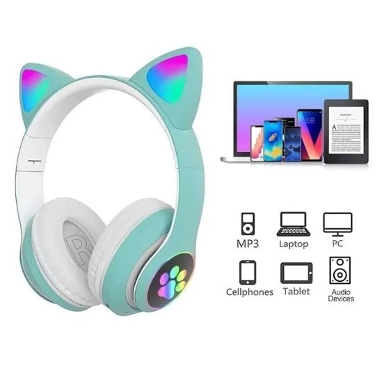 Накладные Bluetooth наушники AKS-28 с кошачьими ушками, RGB подсветка, Green - изображение 2