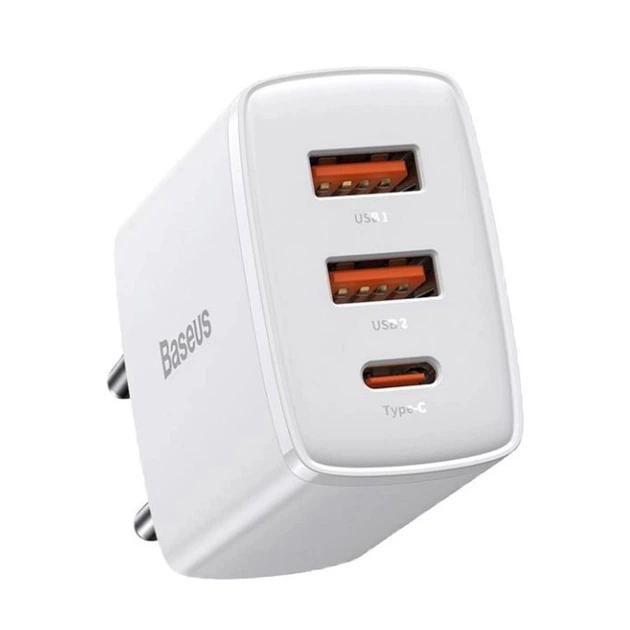 Мережевий зарядний пристрій Baseus 2USB Type-C 3A QC3.0 PD3.0 потрійний адаптер 30W з швидкою зарядкою, Білий - Фото 2 Мережевий зарядний пристрій Baseus 2USB Type-C 3A QC3.0 PD3.0 потрійний адаптер 30W з швидкою зарядкою, Білий - зображення 2