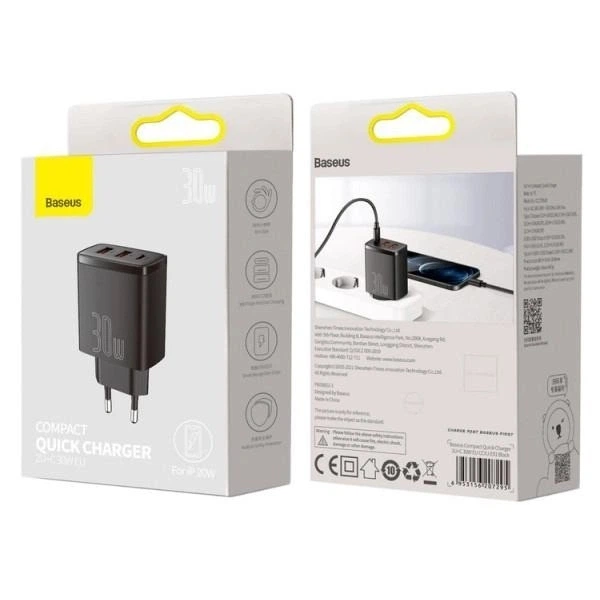 Мережевий зарядний пристрій Baseus 2USB Type-C 3A QC3.0 PD3.0 потрійний адаптер 30W з швидкою зарядкою, Чорний - зображення 7