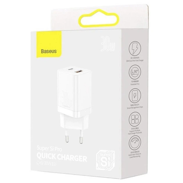 Сетевое зарядное устройство Baseus двойной адаптер USB Type-C QC3.0 PD3.0 с быстрой зарядкой, 30W - Фото 12 Сетевое зарядное устройство Baseus двойной адаптер USB Type-C QC3.0 PD3.0 с быстрой зарядкой, 30W - изображение 12